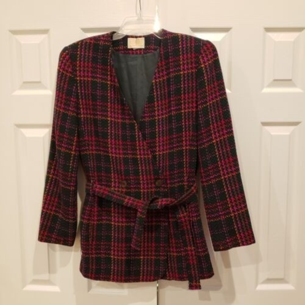 Vintage Pendleton Wool Belted Blazer Jacket Size 12 Lined Green Tartan Pockets